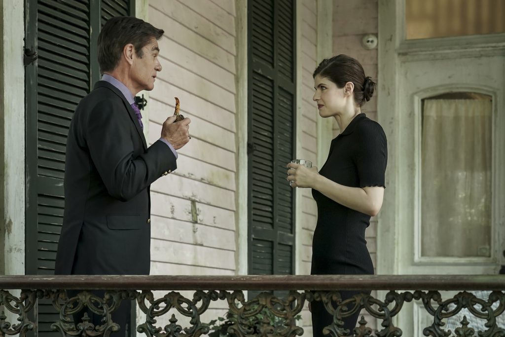 Alexandra Daddario as Dr. Rowan Fielding and Harry Hamlin as Cortland Mayfair in Anne Rice's Mayfair Witches, premiering January 8, 2023
