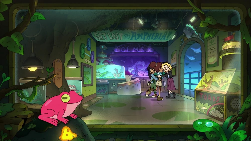 "Amphibia" season 3 ep. 18 "The Hardest Thing" screenshot showing the little non-sapient Sprig watching over a now adult Anne, Sasha, and Marcy hugging.