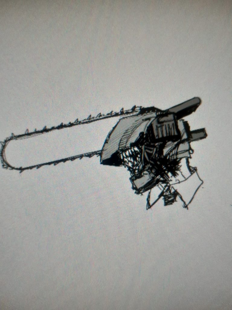 Denji in Chainsaw form concept art from "Chainsaw Man" by Tatsuki Fujimoro.