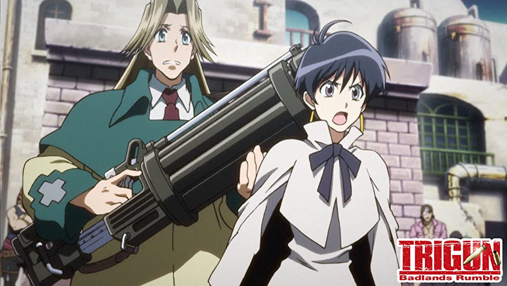 "Trigun: Badlands Rumble" screenshot showing Milly Thompson and Meryl Stryfe about to jump into action from IMDb.