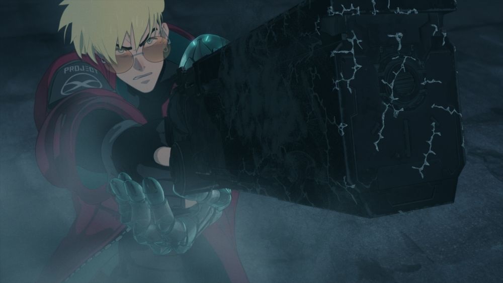 Trigun Stampede Ep. 3 "Bright Light, Shine through the Darkness" screenshot showing Vash aiming his slightly corroded revolver at Knives.
