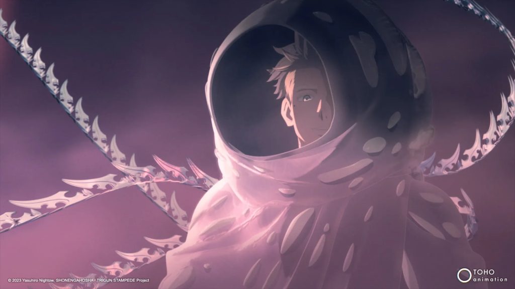 Trigun Stampede Ep. 3 "Bright Light, Shine through the Darkness" screenshot showing Millions Knives also smiling creepily into the camera in his high tech hoodie.