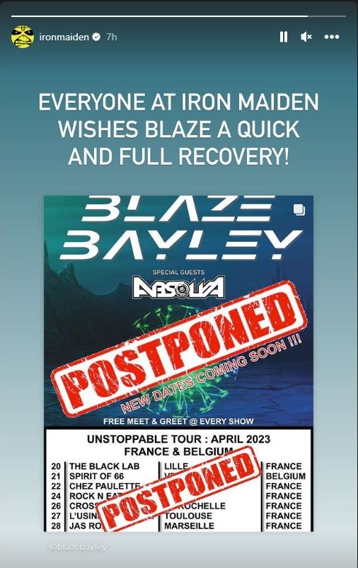 Iron Maiden instagram story about Blaze Bayley heart attack.