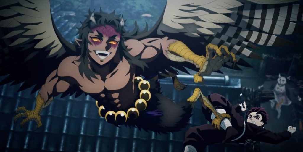 'Demon Slayer: Kimetsu no Yaiba – Swordsmith Village Arc' Ep. 3 "A Sword from Over 300 Years Ago" screenshot depicting Harpy Hantengu carrying Tanjiro off.
