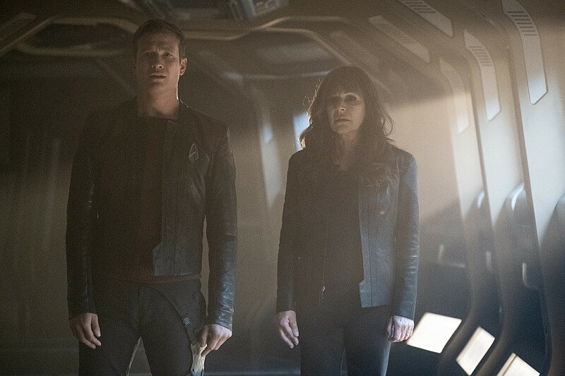 Ed Speleers as Jack Crusher and Marina Sirtis as Deanna Troi in "Vox" Episode 309, Star Trek: Picard on Paramount+. Photo Credit: Trae Patton/Paramount+. ©2021 Viacom, International Inc. All Rights Reserved.