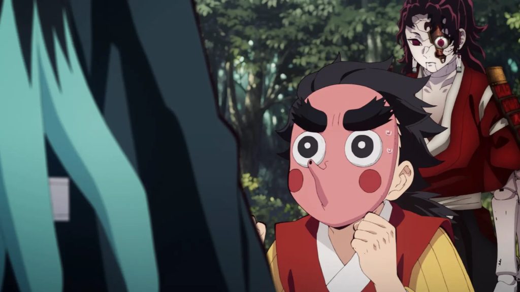 'Demon Slayer: Kimetsu no Yaiba – Swordsmith Village Arc' Ep. 2 "Yoriichi Type Zero" screenshot depicting Kotetsu trying to keep his dummy's key from the Mist Hashira.