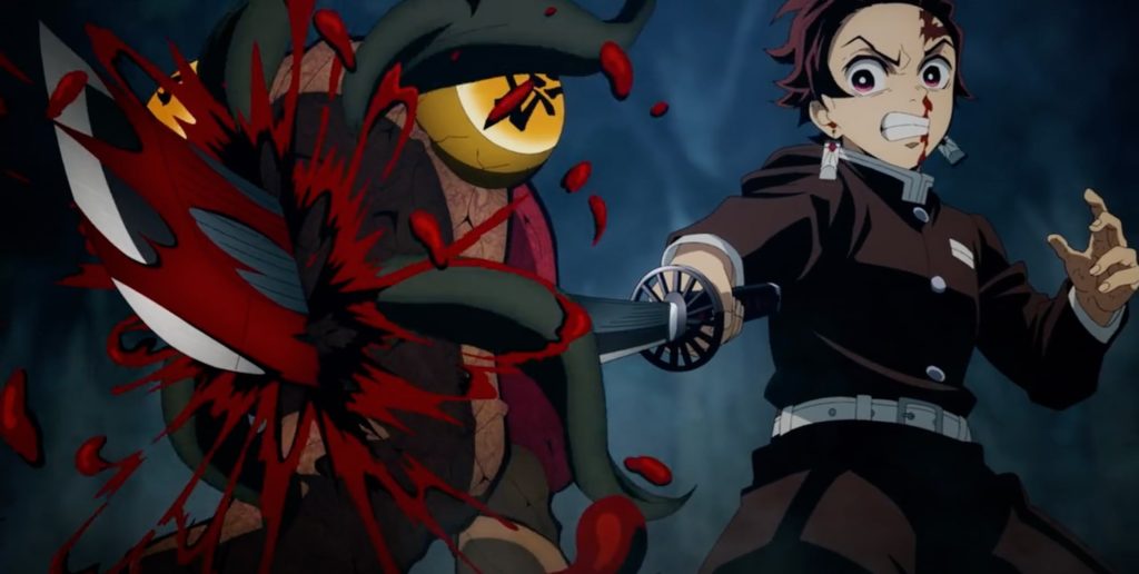 'Demon Slayer: Kimetsu No Yaiba – Swordsmith Village Arc' Ep. 4 "Thank You, Tokito" screenshot depicting Tanjiro stabbing the...thing that grew from the severed half of Urogi's head.