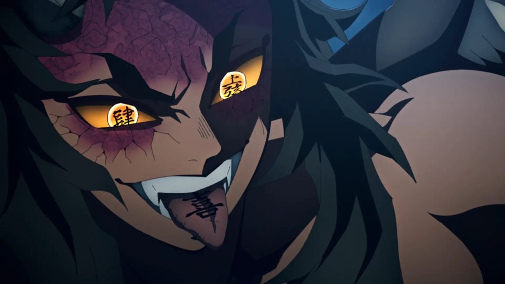 'Demon Slayer: Kimetsu No Yaiba – Swordsmith Village Arc' Ep. 4 "Thank You, Tokito" screenshot depicting Urogi's grinning visage.