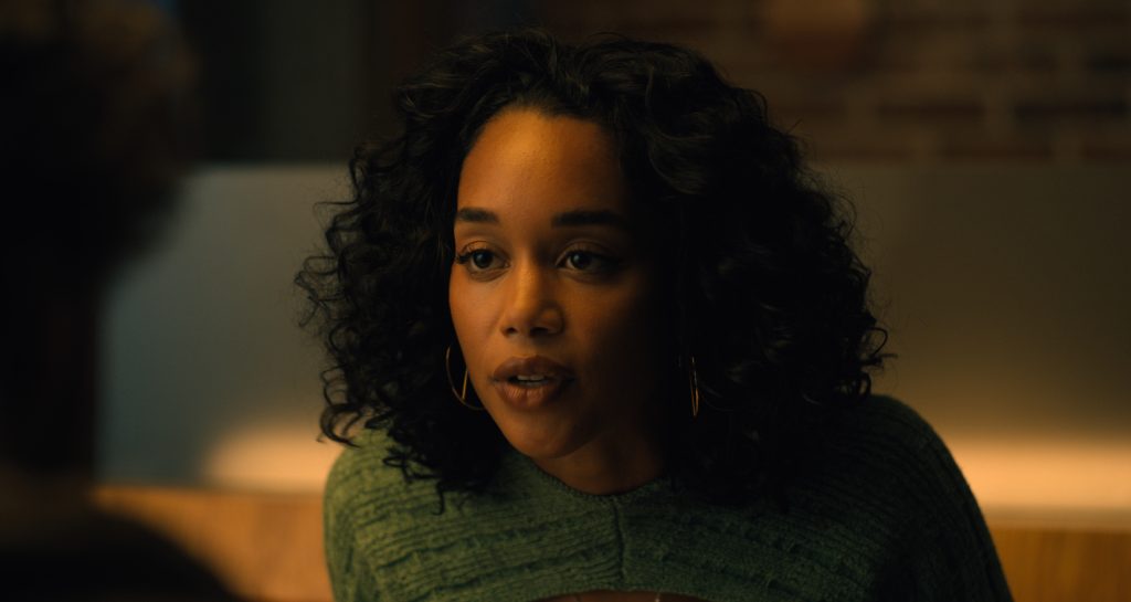 Laura Harrier as Tatiana in 20th Century Studios' WHITE MEN CAN'T JUMP, exclusively on Hulu. Photo courtesy of 20th Century Studios. © 2023 20th Century Studios. All Rights Reserved.