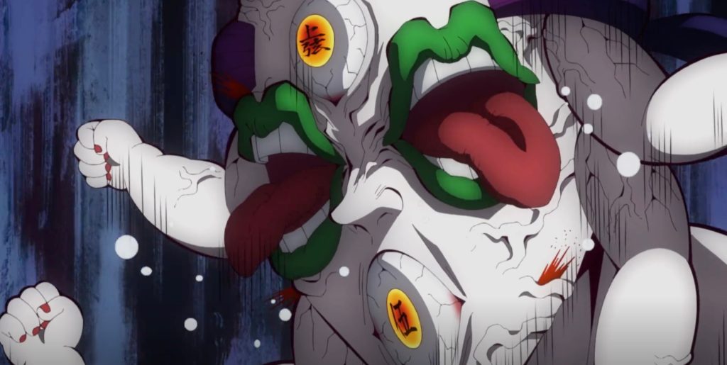 Demon Slayer: Kimetsu no Yaiba – Swordsmith Village Arc Ep. 9 "Mist Hashira Muichiro Tokito" screenshot depicting Gyokko throwing a temper tantrum.