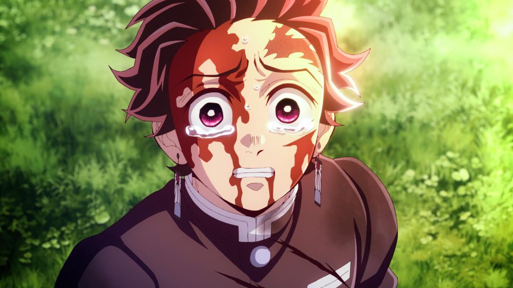 Demon Slayer: Kimetsu no Yaiba – Swordsmith Village Arc Ep. 11 "A Connected Bond: Daybreak and First Light" screenshot depicting Tanjiro crying in relief at seeing Nezuko alive in the sun.