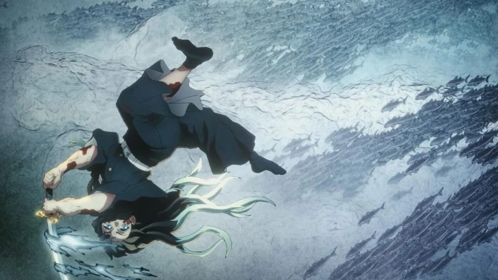 Demon Slayer: Kimetsu no Yaiba – Swordsmith Village Arc Ep. 9 "Mist Hashira Muichiro Tokito" screenshot depicting Muichirō dodging schools of Demon fish with his mist dodge.