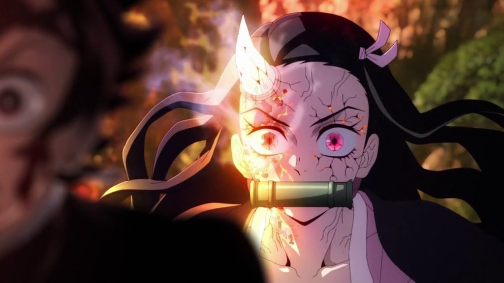 Demon Slayer: Kimetsu no Yaiba – Swordsmith Village Arc Ep. 11 "A Connected Bond: Daybreak and First Light" screenshot depicting sunlight hitting Nezuko and giving her the worst sunburn ever. Literally.