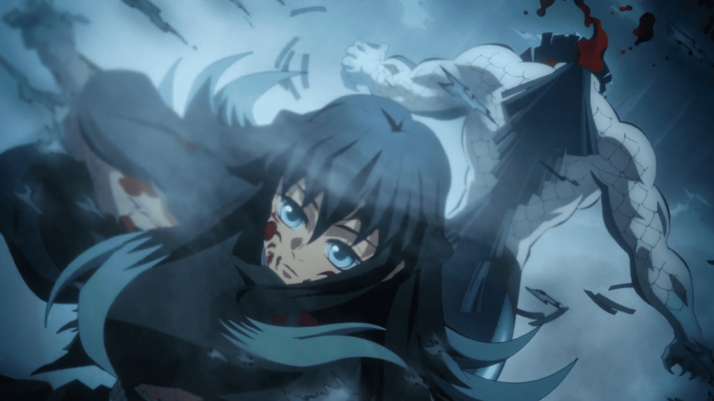Demon Slayer: Kimetsu no Yaiba – Swordsmith Village Arc Ep. 9 "Mist Hashira Muichiro Tokito" screenshot depicting Muichirō neatly beheading Gyokko in a flurry of mist.