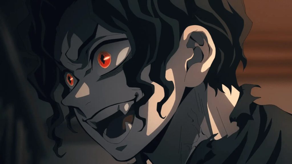Demon Slayer: Kimetsu no Yaiba – Swordsmith Village Arc Ep. 11 "A Connected Bond: Daybreak and First Light" screenshot depicting Muzan Kibutsuji abandoning his child form in glee after just murdering his "mother".