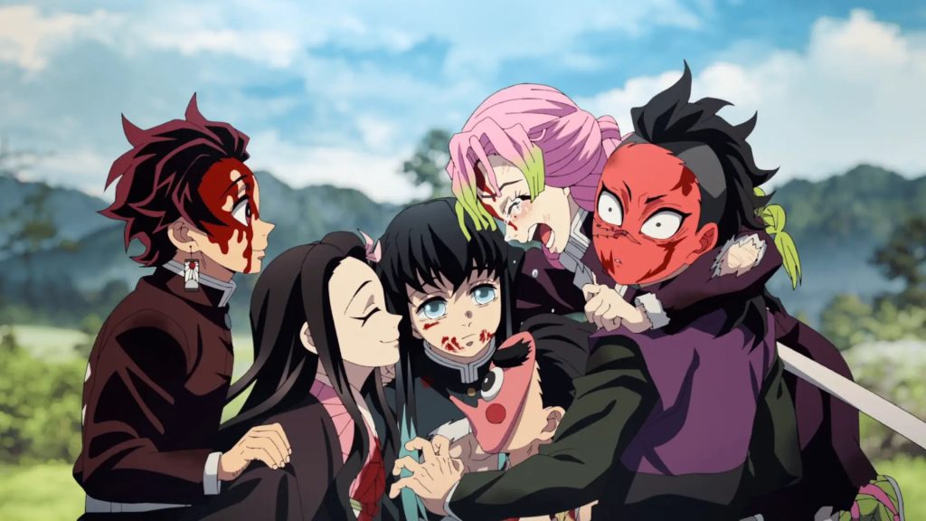 Demon Slayer: Kimetsu no Yaiba – Swordsmith Village Arc Ep. 11 "A Connected Bond: Daybreak and First Light" screenshot depicting Tanjiro, Nezuko, Muichiro, Kotetsu, Mitsuri, and Genya all celebrating living through the night of Demons.