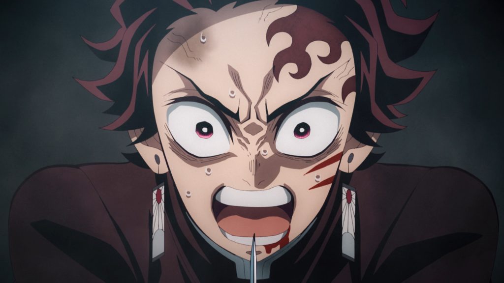 Demon Slayer: Kimetsu No Yaiba – Swordsmith Village Arc Ep. 10 "Love Hashira Mitsuri Kanroji" screenshot depicting a furious Tanjiro screaming at Hantengu to not run away.