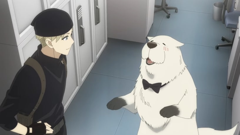 Spy x Family season 2 Ep. 2 "Bond's Strategy to Stay Alive" screenshot depicting a very happy Bond about to get a dinner from Loid.