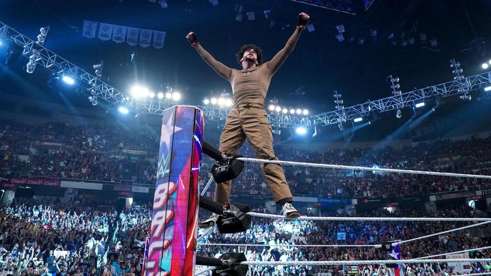 Bad Bunny celebrating his victory over Damian Priest at Backlash 2023 from Puerto Rico.