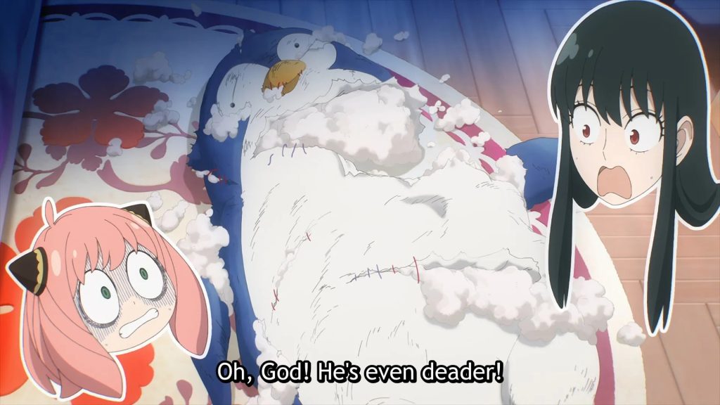 Spy x Family Ep. 21 screenshot showing Penguinman even deader than dead, thanks to Yor.