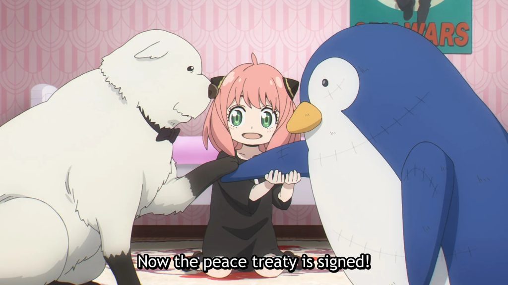 Spy x Family Ep. 21 screenshot showing Bond and Penguinman engaged in a pace treaty with Anya as the mediator/puppeteer.