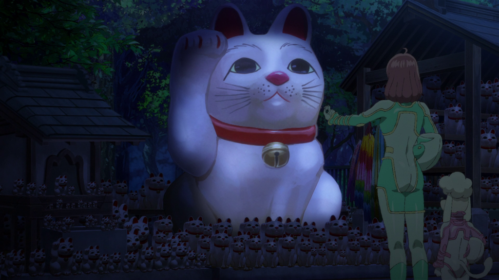 Astro Note Ep. 2 screenshot showing Mira turning her spaceship into a giant maneki neko.