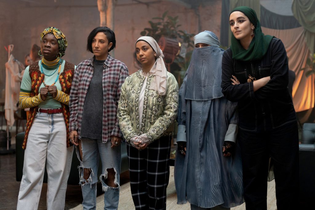 (l-r) Faith Omole as Bisma, Sarah Kameela Impey as Saira, Lucie Shorthouse as Momtaz, Juliette Motamed as Ayesha -- (Photo by: Saima Khalid/PEACOCK)
