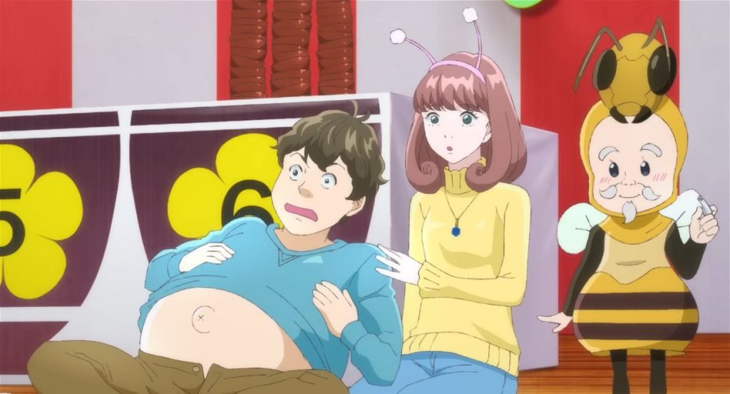 Astro Note Ep. 7 screenshot showing a very full Takumi and Mira (plus Shokichi in a wasp costume) having just won the local contest.