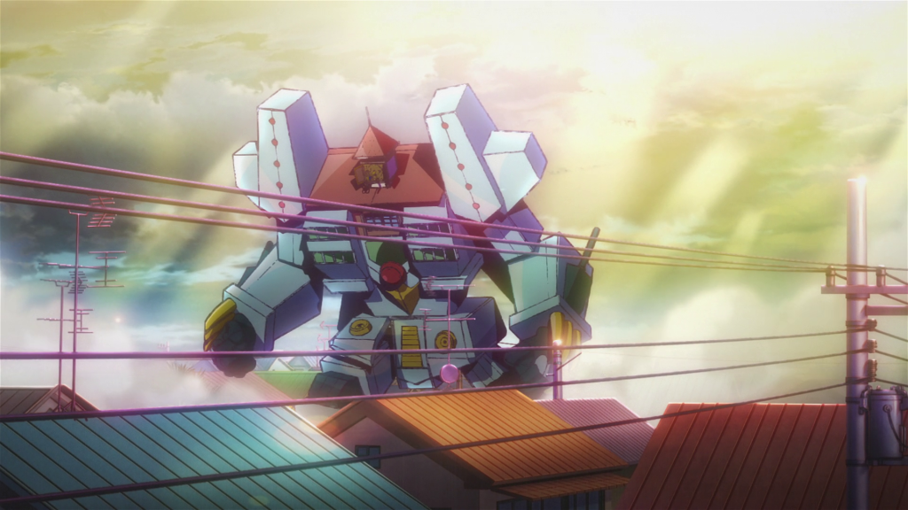 Astro Note Ep. 11 screenshot showing a giant robot standing up amidst the city skyline.