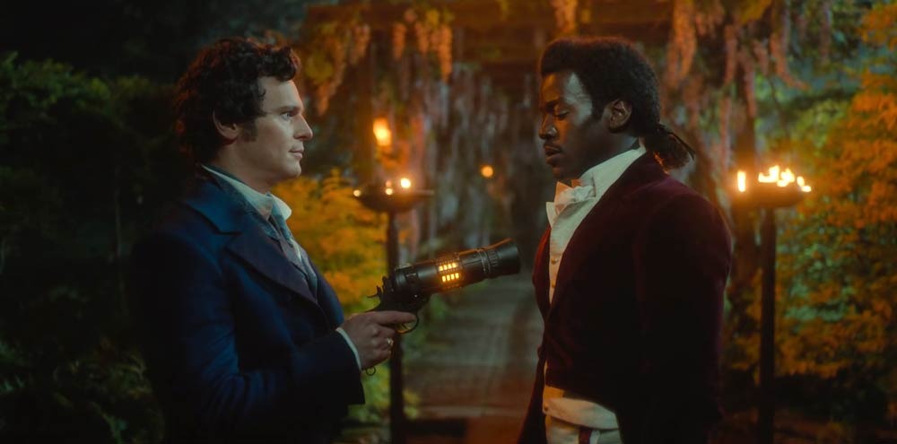 Doctor Who 'Rogue' Jonathan Groff points a laser at Ncuti Gatwa's Doctor.