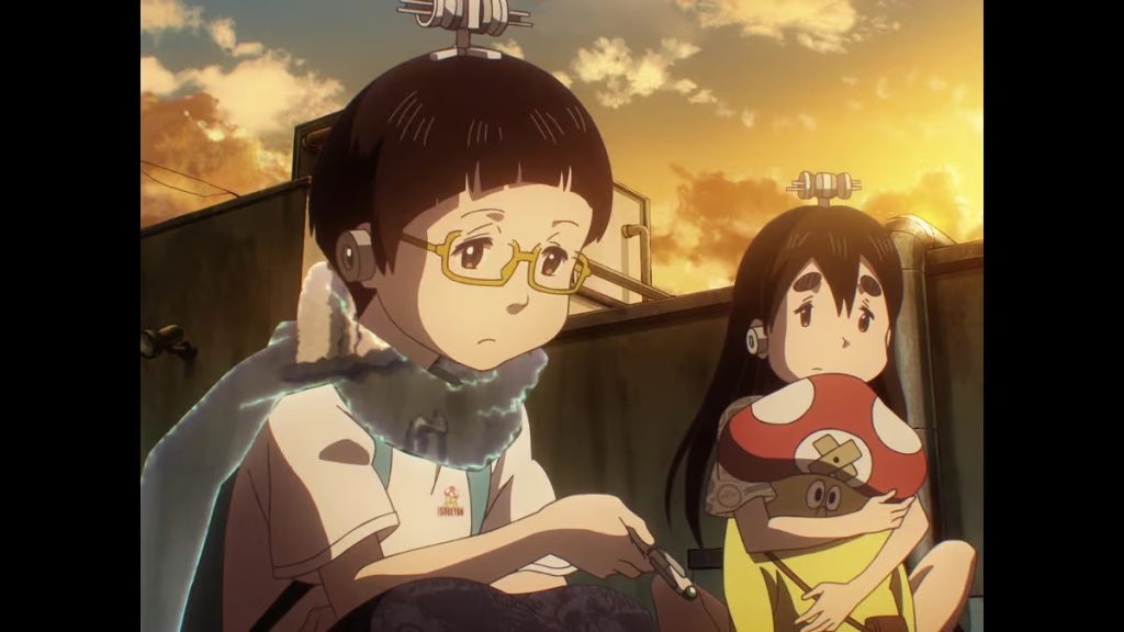DEAD DEAD DEMONS DEDEDEDE DESTRUCTION Ep. 6 screenshot showing young Kadode hanging out with a young Ontan and "Isobeyan".