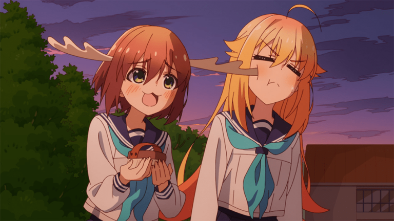 My Deer Friend Nokotan Ep. 1 "GIRL MEETS DEER" screenshot showing Nokotan booping Koshitan in the cheek with her antler.