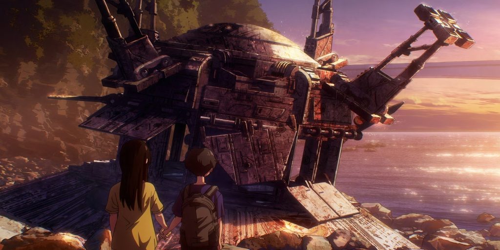 DEAD DEAD DEMONS DEDEDEDE DESTRUCTION Ep. 12 screenshot showing Ontan and Keita holding hand as they look at a crashed spaceship.