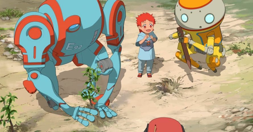 Robots planting trees in front of an excited baby Sara in Eden.