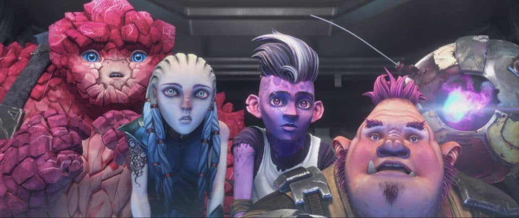 STAR TREK: PRODIGY: Ep#107 -- Rylee Alazraqui as Rok-Tahk, Ella Purnell as Gwyn, Brett Gray as Dal, Jason Mantzoukas as Jankom Pog and Angus Imrie as Zero in STAR TREK: PRODIGY Photo: Nickelodeon/Paramount+ ©2022VIACOM INTERNATIONAL.