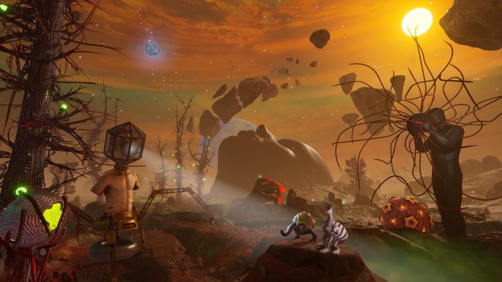"The Eternal Cylinder" screenshot showing a Unifier stalking a group of Trebhum through the Infected biome.