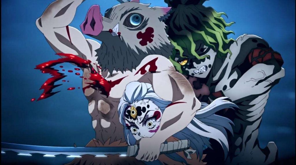 "Demon Slayer: Entertainment District Arc" screenshot showing a very angry Gyutaro backstabbing a very shocked Inosuke.