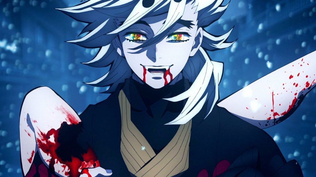 Demon Slayer: Entertainment District Arc Ep. 11 "No Matter How Many Lives" screenshot showing a mysterious Upper Rank demon from Gyutaro and Ume's past, who turned them into demons in the first place.