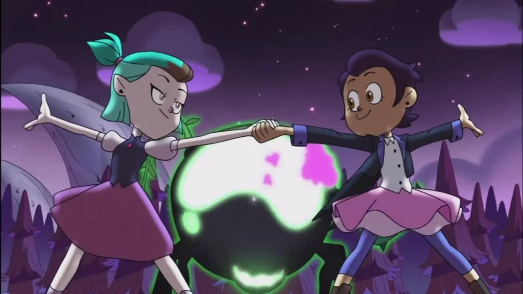 "The Owl House" screenshot showing the epic finish of Luz and Amity's dance sequence.