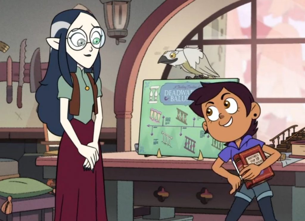 "The Owl House Season 2 Ep. 12 "Elsewhere and Elsewhen"" screenshot showing Luz trying to convince Lilith to go along with her urban legend plan.