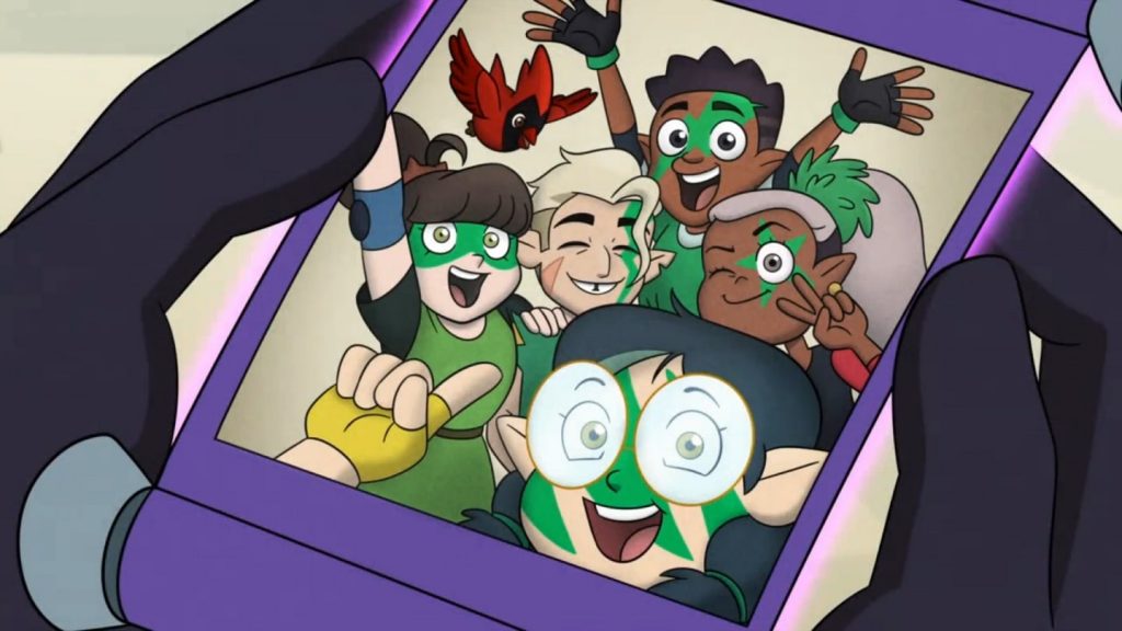 "The Owl House Season 2 Ep. 13 "Any Sport in a Storm" showing Willow's Flyer Derby team, including Hunter, taking a selfie.