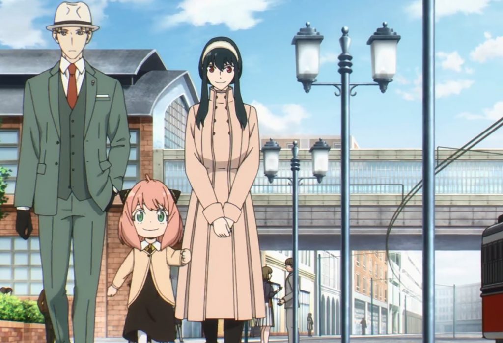 "Spy x Family" Ep. 3 "Prepare For The Interview" screenshot showing the Forger family out on a stroll.