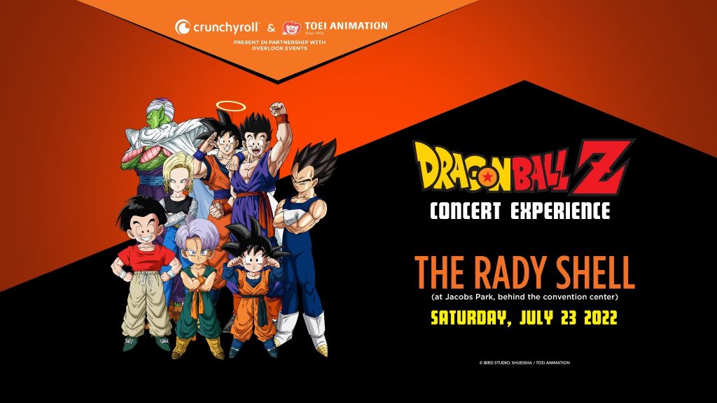 "DRAGON BALL Z CONCERT EXPERIENCE AND CRUNCHYROLL-HIME ANIMATA DANCE PARTY" key art.