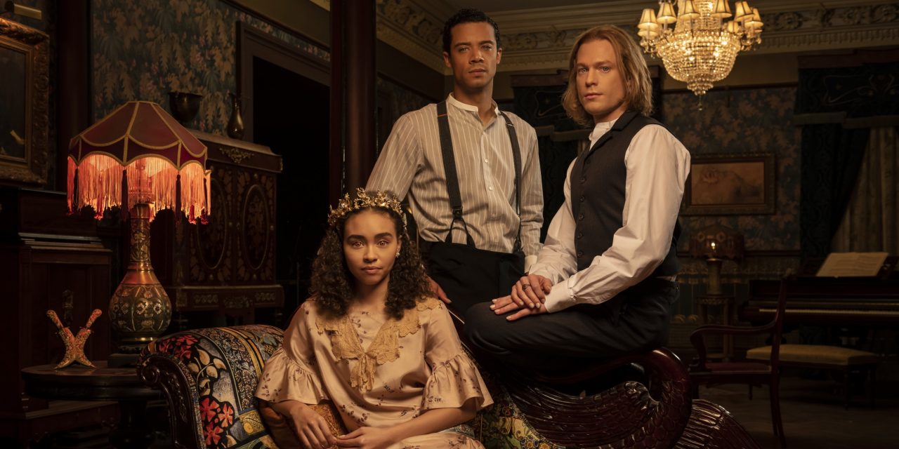 (L to R): Bailey Bass as Claudia, Jacob Anderson as Louis, and Sam Reid as Lestat in Interview with the Vampire